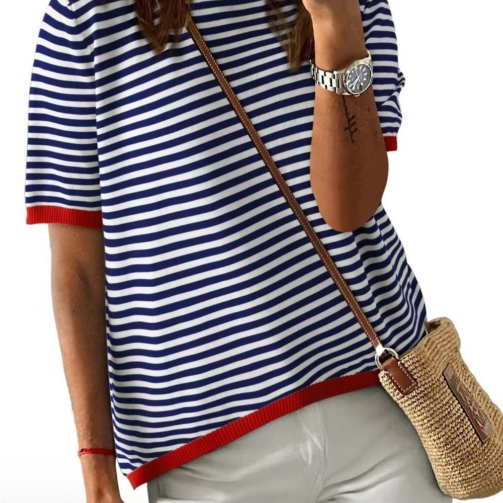 Nautical Striped Short Sleeve Top with Red Trim